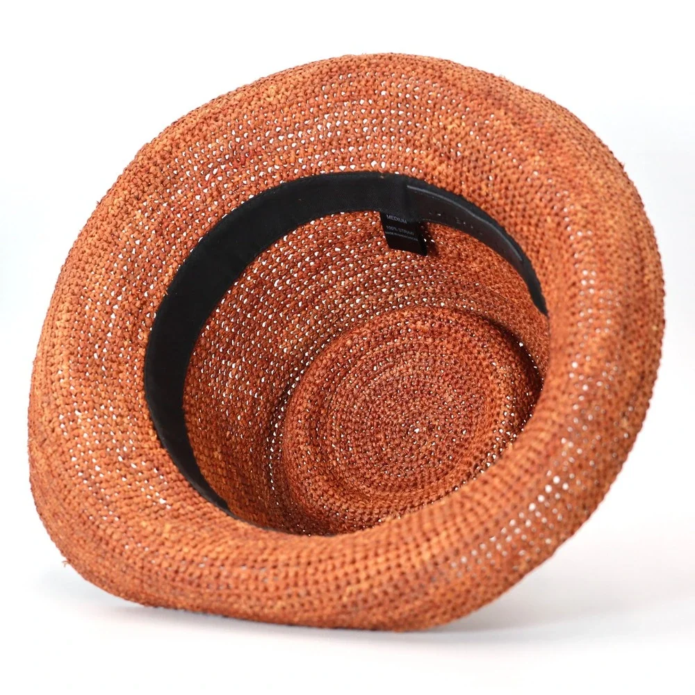 Janessa Leone Straw Hat Womens Medium Rust Brown Telescope Crown Sun Summer